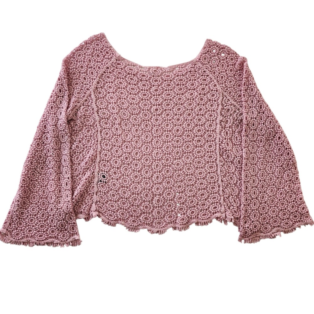 POL Clothing Pink Crochet knit Floral Medallion Top Shirt Bell Sleeve Med Large - Picture 2 of 5